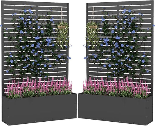 2PCS Metal Planter Box with Trellis,70.9"x47.2"x15.7" Raised Garden Bed with Drainage Holes, Privacy Planters for Outdoor, Garden Bed for Climbing Plants,Vegetables,and Vines, Black-louvered