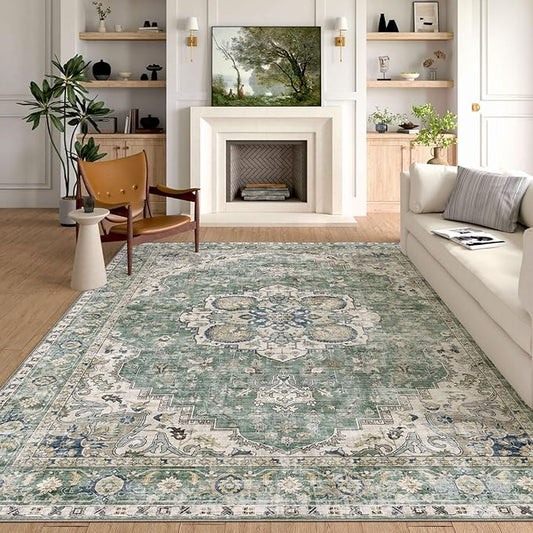 Washable Area Rug 8x10 - Large Sage Green Boho Rugs for Living Room Soft Vintage Bedroom Rug Ultra-Thin Farmhouse Oriental Distressed Carpet Non Slip Rug for Dining Room Guest Room Home Decor