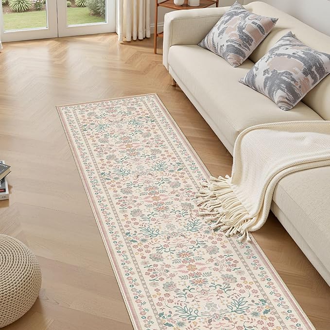 Runner Rug for Hallways Kitchen: 2x8 Washable Area Rug Boho Floral Soft Long Rug - Non-Slip Low Pile Throw Indoor Carpet for Entryway Kitchen Bedroom Laundry Bathroom - Pink