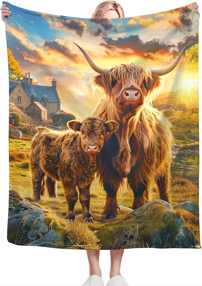 Highland Cow Blanket Gifts for Girls Boys Soft Warm Plush Highland Cattle Throw Blanket Flannel Fleece Fuzzy Farm Animal Stuff Blanket for Bed Couch Living Room Decor 60"X50"