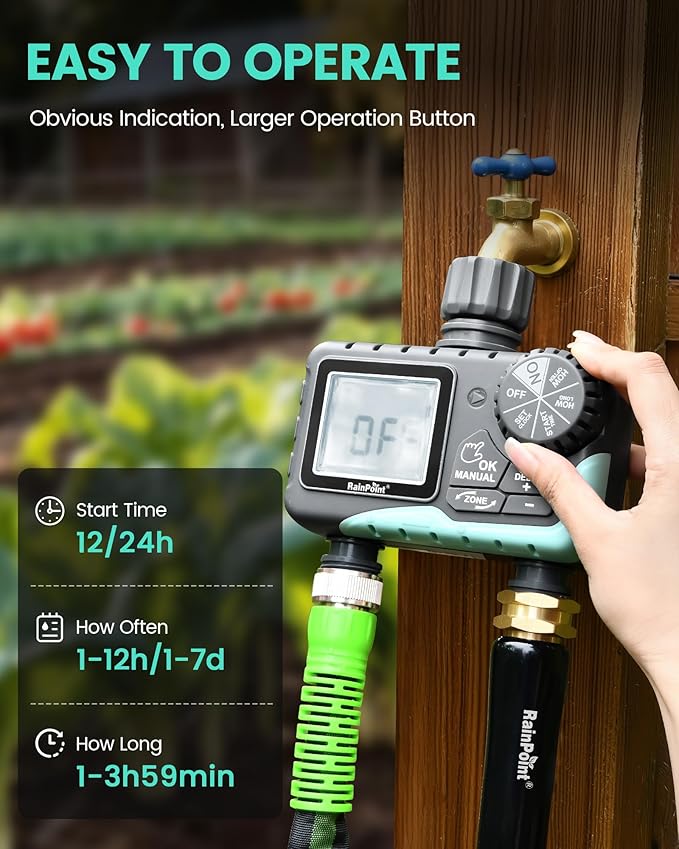 RAINPOINT Sprinkler Timer 2 Outlet, Water Timer for Garden Hose, Programmable Drip Irrigation Timer for Yard Outdoor Watering, Rain Delay/Manual/Automatic System Controller 2.5" LCD, V2, 2023 Release