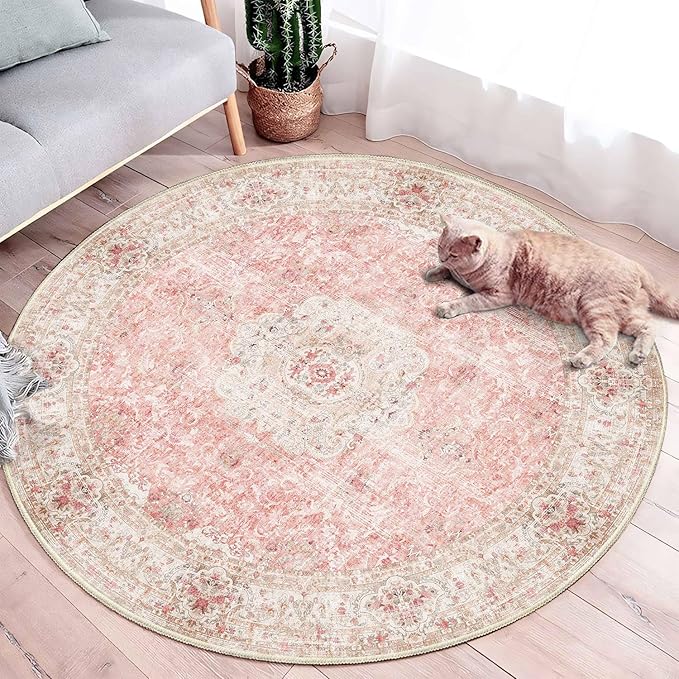 Pink Round Rug 4ft, Circle Washable Area Rugs for Bedroom Bathroom Entryway, Boho Vintage Bohemian Distressed Oriental Floral Carpet Non Slip,Blush