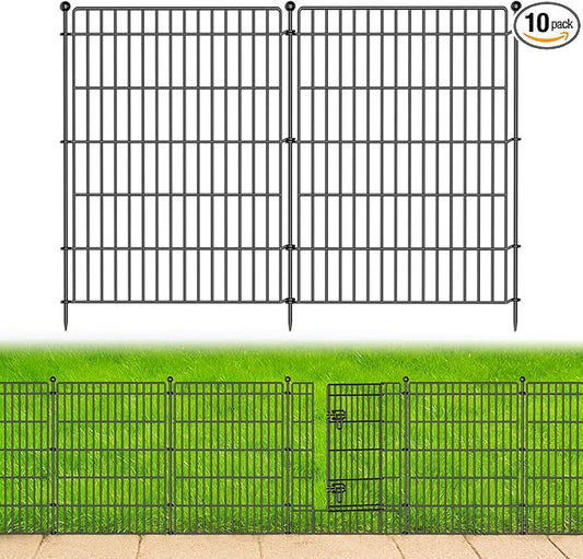 10 Panels No Dig Garden Fence with Gate, 34in(H) × 22.5ft(L) Decorative Metal Outdoor Dog Fence, Rustproof Pet Fencing for Yard, Patio, Flower Bed -Temporary Fencing| Easy to Install