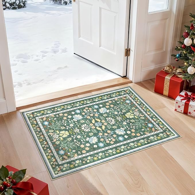 Door Mat Entrance Rug: 2x3 Washable Area Rug Boho Floral Small Rug - Non-Slip Low Pile Throw Indoor Carpet for Entryway Kitchen Front Door Bathroom Entry Kids Room - Green