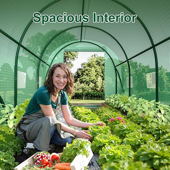 Greenhouse with Watering System, 12x7x7 Outdoor Greenhouse with 6 Mesh Windows and 1 Door, Easy Water and Irrigate Plants Green House (Green, 12x7x7 ft w/ Irrigation System)