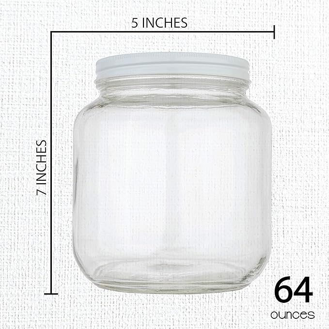 4 Pack - 64 oz Mason Jars Wide Mouth - 1/2 Gallon Glass Jar with Lid - Large Mason Jar for Canning, Brewing, Pickling, Storage - Big Mason Jar Made in USA