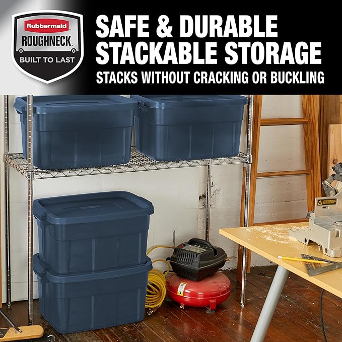 Rubbermaid Roughneck Tote 14 Gal, 6 Pack, Made in USA, Dark Indigo Metallic, Rugged Plastic Stackable Storage Bins with Lids and Handles