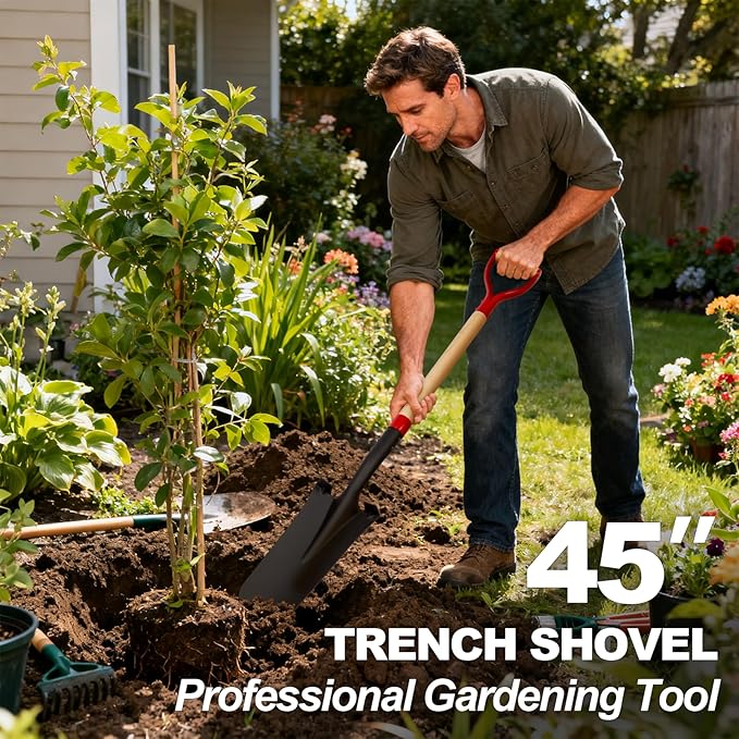 Nohovu Spade Shovel for Digging, Heavy Duty Shovel with D-Handle, Trench Shovel for Gardening, 45 Inches