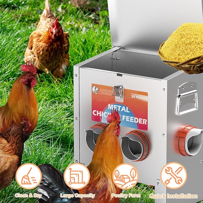 Automatic Chicken Feeder No Waste 25 Pounds 4 Ports Metal Poultry Feeder with Latch & Handle for Chickens Bantams Pheasants Poultry Coop Weatherproof