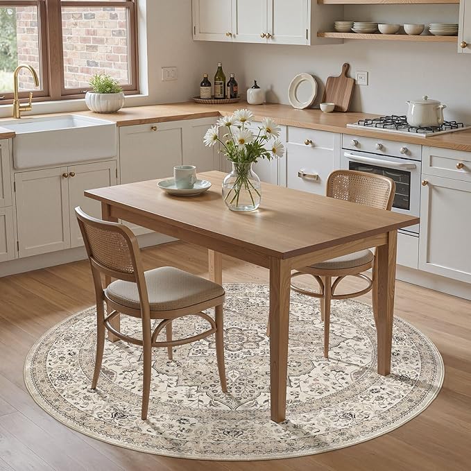 Washable 5 Ft Round Area Rug - 5x5 Area Rugs for Living Room Bedroom Dining Room Home Office Floor Decor- Vintage Floral Stain & Fade Resistant Non-Slip Backing Carpet(Brown/Beige)