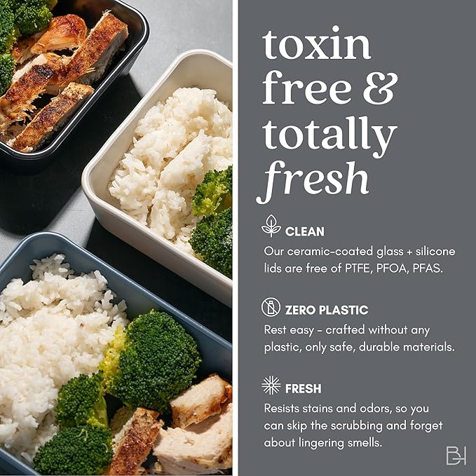 Ceramic Coated Glass Food Storage Container | No PTFE, PFOA, PFAS, and BPA | Reusable Non Toxic Meal Prep Container with Glass Lid | Easy To Store | 2.5 Cup Square [Crema]