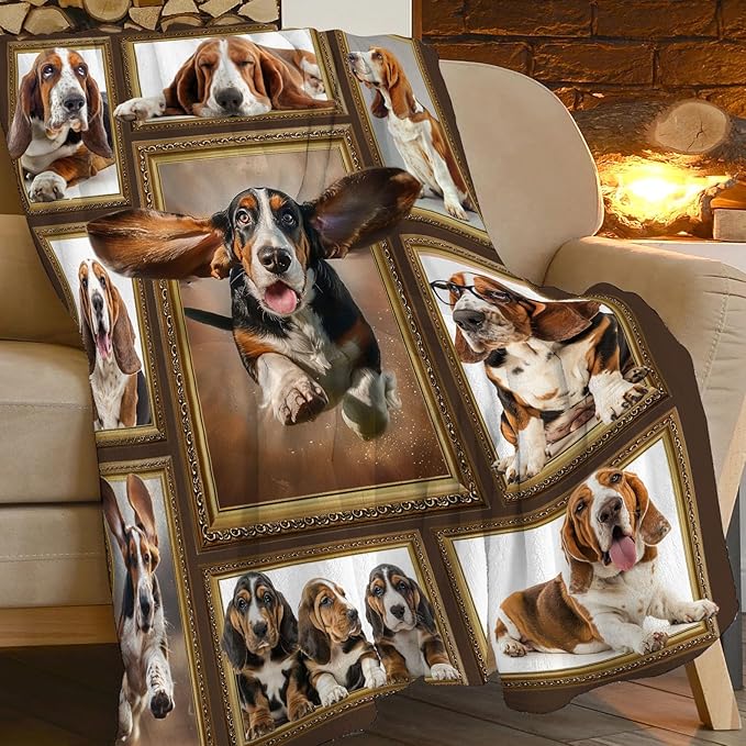 Basset Hound Throw Blanket Cute Running Basset Decor Blanket Super Cozy Plush Lightweight Soft Plush Flannel Fleece Blanket Gifts for Dog Lovers Women Men Boys Girls Kids for Sofa Bed Couch 60"X80"