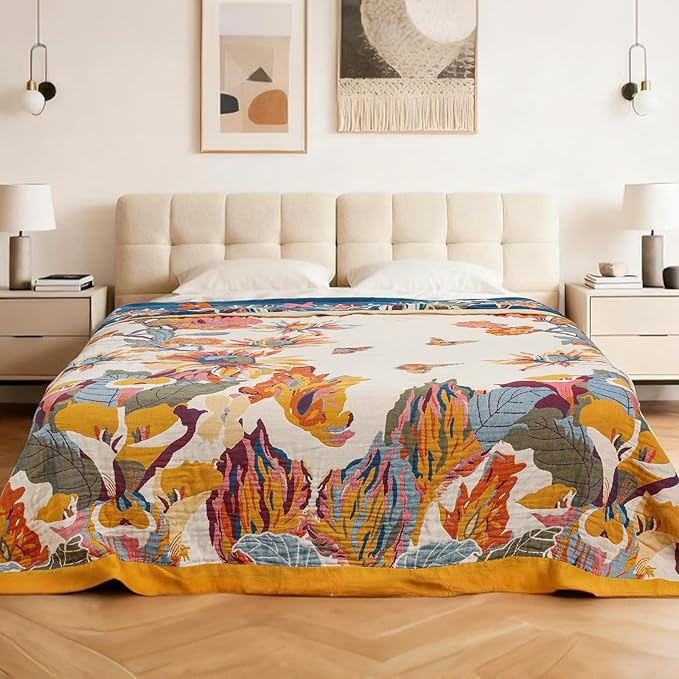 MACEVIA 100% Cotton Boho Throw Blanket, Soft Lightweight Butterfly Floral Design, 60"x80" Twin Size Bedspread for Couch Sofa, Bed, Travel, Cottagecore Decor (Butterfly Floral)