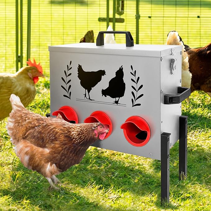 Chicken Feeders, 30 lb Capacity 6 Port Automatic Chicken Feeder, Metal Chick Feeder with Locking Lid and Legs, Chicken Feeder for Chickens, Ducks, Geese，Silver