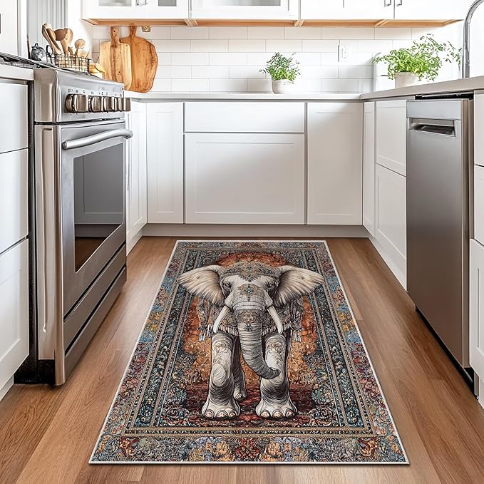 3x5 Elephant Area Rugs Boho Elephant Rug for Bathroom Kitchen Entryway Indoor Soft Non-Slip Thin Hippie Carpet Vintage Small Brown Doormat for Office Dining Room Under Table Washable Machine