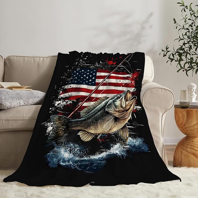 Fishing Blanket American Flag Fish Throw Blanket Soft Warm Cozy Fuzzy Plush Gifts for Girls Women Lightweight Fleece Flannel Stuff Decor Gift for Kids Adults 80"X60"