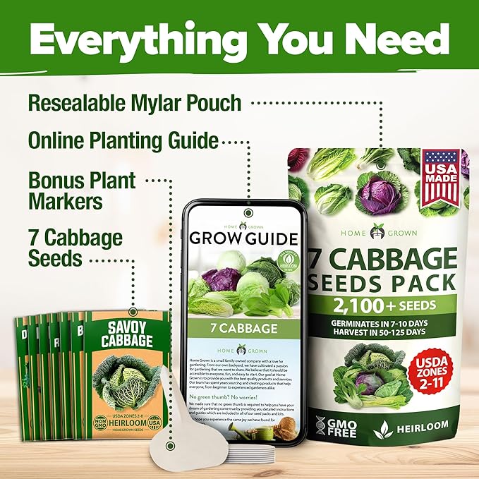 HOME GROWN 7 Cabbage Seeds for Planting - 2000+ Heirloom Seeds - Golden Acre,BokChoy,Savoy,Michihili, Red Acre, Copenhagen Market,Jersey Wakefield - Vegetable Seeds for Planting