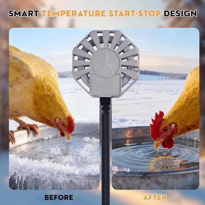 500W Chicken Water Heater - Bird Bath Heater, Stock Tank Heater for Livestock | Submersible Heater with 41°F Smart On/Off, 9.84FT Cord & 27.56in Chew-Proof Sleeve, Non-Conductive Winter Heater