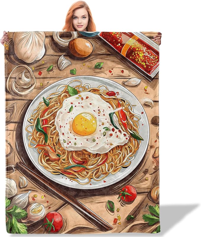 Spaghetti and Eggs Throw Blanket 60"x80", Food-Themed Blankets for Kitchen Dining Decor, Soft Flannel Polyester Warm Cozy Gifts for Food Lovers