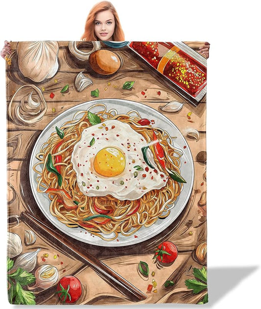 Spaghetti and Eggs Throw Blanket 60"x80", Food-Themed Blankets for Kitchen Dining Decor, Soft Flannel Polyester Warm Cozy Gifts for Food Lovers