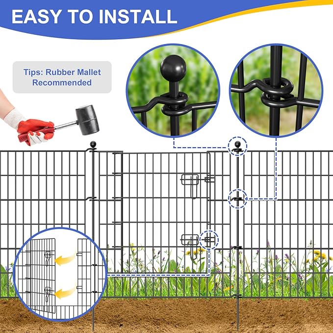 5 Panels No Dig Decorative Garden Fence with Gate, 40 in(H) X 11.8 ft(L) Outdoor Dog Rabbits Fence, Animal Barrier Pet Fencing Rustproof Metal Wire Panel Border for Yard, Patio, Flower Bed
