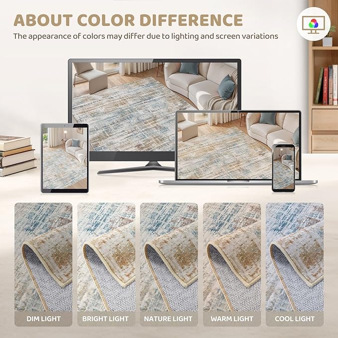 Area Rug for Living Room: 8x10 Washable Neutral Abstract Modern Soft Rugs Non Slip Indoor Floor Stain Resistant Large Carpet for Bedroom Dining Room Office Nursery - Blue Brown