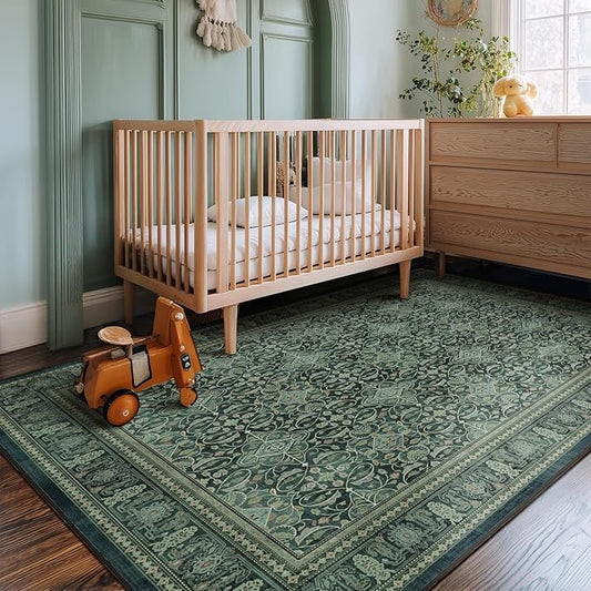 Dark Green Area Rug 5x8 for Lving Room Bedroom, Washable Non Slip Low Pile Thin Rugs for Dining Room, Vintage Boho Floral Moroccan Pattern Printed Carpet Rug for Dining Room Kitchen Office