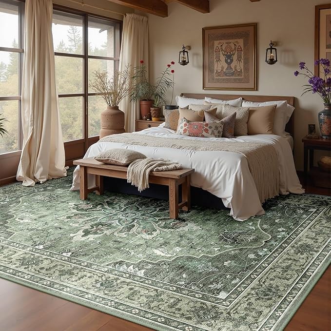 Area Rugs Square 8ft Washable Non-Slip, Floral Vintage Distress Print Pattern Medallion Carpet for Living Room Bedroom Dining Room, Dark Green Gray