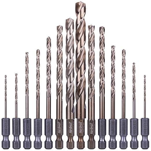 NordWolf 14-Piece M35 Cobalt Drill Bit Set for Stainless Steel, Hard Metals & Cast Iron, Jobber Length with 1/4" Hex Shank, SAE Sizes 1/16" to 3/8" in Storage Case