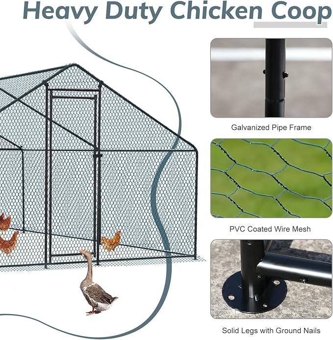 VINGLI Chicken Coop, Large Metal Poultry Cage for Chicken Run, Walk-in Chicken Pen with Waterproof & Anti-UV Cover Outdoor (Black-Spire Roof, 19.7 * 9.8 * 6.5 ft)