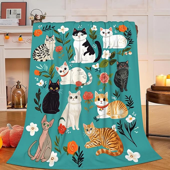 Cat Blanket, Cats Throw Blanket, Floral Gifts Blankets Stuff Fleece Flannel Plush for Girls Women Men Boys Lovers Adults Soft Bedding Gift for Sofa Bed Office Home Decor 80"x60"