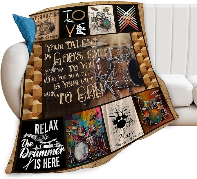 Rock Music Blanket Ultra Soft Cozy Drum Set Kit Throw Blanket Fleece Fuzzy Plush Bedding Vintage Musical Instrument Lovers Gifts for Women Girls Kids Adults 80"x60"