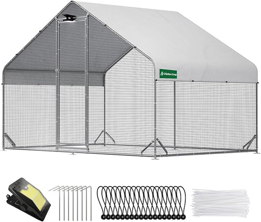 Large Walk-in Metal Chicken Coop with Chicken Run & Hardware Cloth, Solar Light, Waterproof & UV-Resistant Cover, Outdoor Poultry Cage for Farm Use