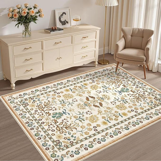 4x6 Area Rug Living Room Rugs - Washable Boho Vintage Floral Large Soft Non Slip Thin Rug Low Pile Carpet for Bedroom Dining Room Kids Playroom Office Decor Indoor- Brown