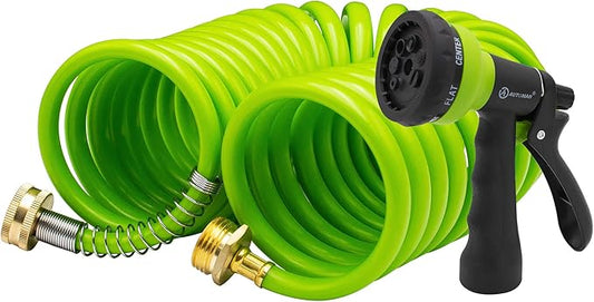 AUTOMAN EVA Recoil Garden Hose 25ft - Includes 7 Pattern Spray Nozzle,Curly Water Hose 25 Foot,Watering Hose Coil,Retractable,Corrosion Resistant Garden Coil Hose.Green