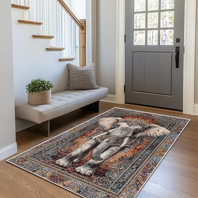 3x5 Elephant Area Rugs Boho Elephant Rug for Bathroom Kitchen Entryway Indoor Soft Non-Slip Thin Hippie Carpet Vintage Small Brown Doormat for Office Dining Room Under Table Washable Machine