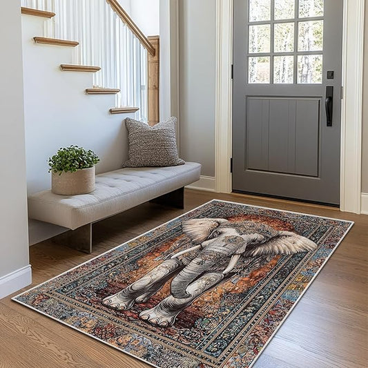 3x5 Elephant Area Rugs Boho Elephant Rug for Bathroom Kitchen Entryway Indoor Soft Non-Slip Thin Hippie Carpet Vintage Small Brown Doormat for Office Dining Room Under Table Washable Machine