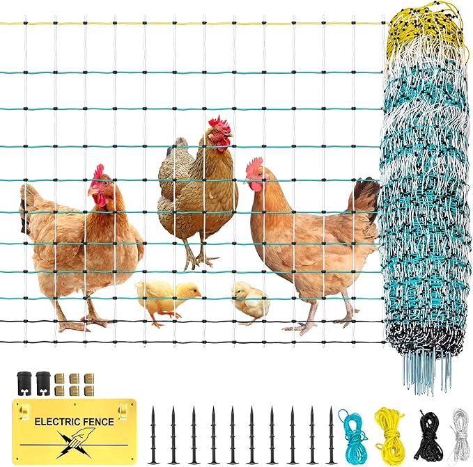 Poultry Netting Electric Fence - 164' L x 47.5" H, Portable Livestock Nets Mesh for Chickens, Ducks, Geese, Turkey, Electric Fencing for Backyards, Homesteaders, Farms, Ranches, Gardens