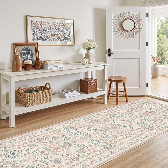 3x10 Runner Rug for Hallways Kitchen: 3x10 Washable Area Rug Boho Floral Soft Long Rug - Non-Slip Low Pile Throw Indoor Carpet for Entryway Kitchen Bedroom Laundry Bathroom- Pink