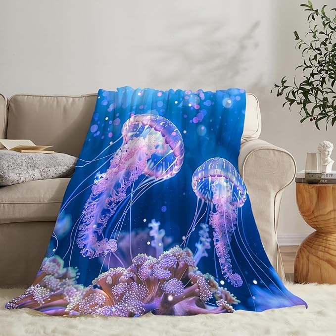 Jellyfish Blanket Ocean Jellyfish Throw Blanket Soft Warm Cozy Fuzzy Plush Gifts for Girls Women Lightweight Fleece Flannel Stuff Decor Gift for Kids Adults 50"X40"