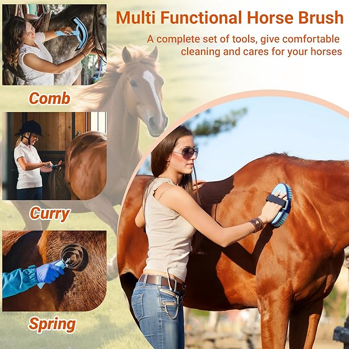 Horse Grooming Kit, 14-in-1 Professional Horse Brush Supplies Set for Grooming & Care, with Horse Brushes, Curry Comb, Hoof Pick & Waterproof Storage Tote Bag for Shining, Detangling, Massaging