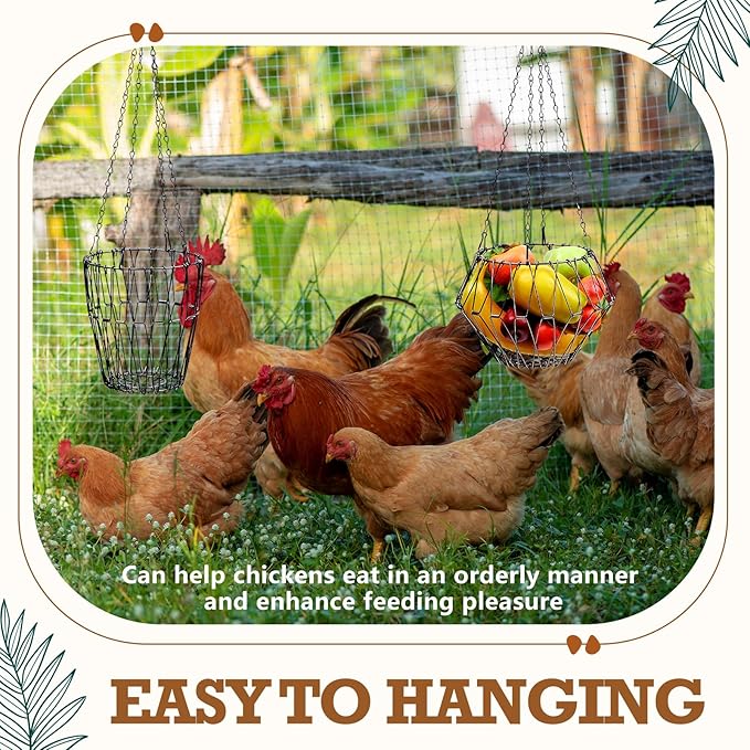 Patelai 3 Pack Hanging Chicken Feeder, 9.2in Large Vegetable Fruits Poultry Feeder Basket with Hanging Chains, Foldable Ducks Treat Dispenser Chicken Toys for Coop for Rabbits Hens, Black