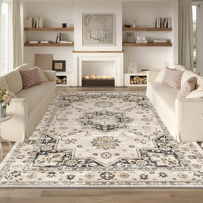 Area Rug 5x7 Living Room,Machine Washable Rugs,Stain Resistant Soft Thin Non-Slip Floral Carpet,Beige Neutral Boho Home Decor,for Indoor Bedroom,Office,Farmhouse,Dining,Dorm