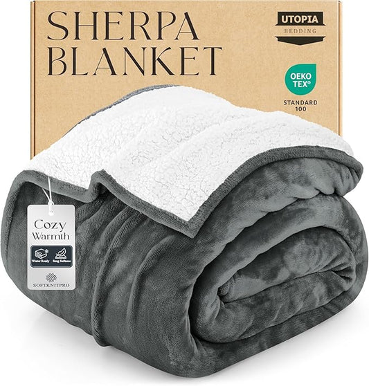 Utopia Bedding Sherpa Blanket King Size (Grey, 90x102 Inches) - Soft Lightweight Plush Fleece Reversible Blanket for Bed, Sofa, Couch, Camping and Travel