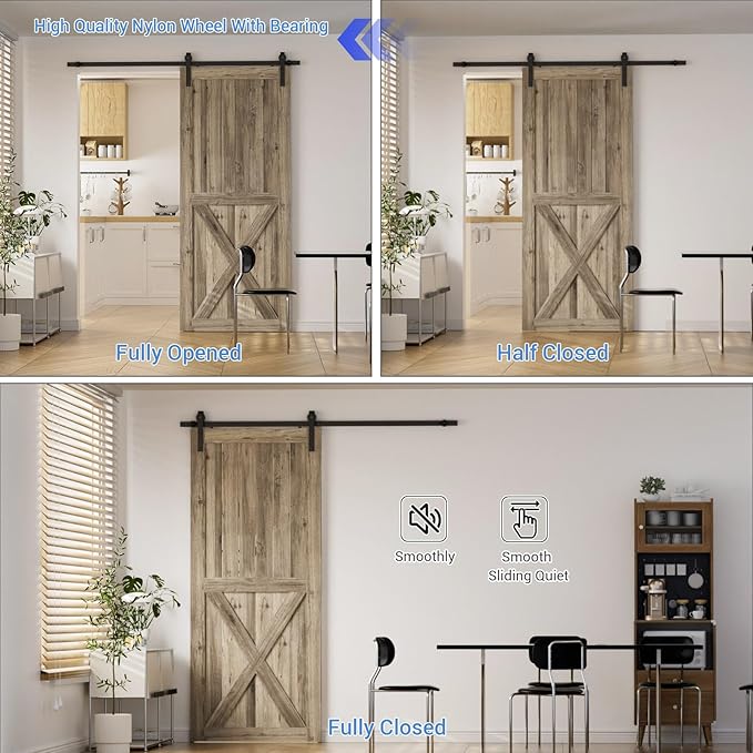 CCJH 5FT Single Sliding Barn Door Hardware Kit Black Basic Roller Carbon Steel Hanger Flat Track System for Closet Kitchen 1 Door 30 inch Wide