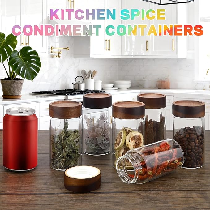 Small Glass Jars with Airtight Lid Clear Coffee Ground Storage Canister Wooden Lid Round Glass Spice Jar for Pantry Sugar Tea Bean Nuts Cookies Bath Salts (4×250ml(8.4oz))