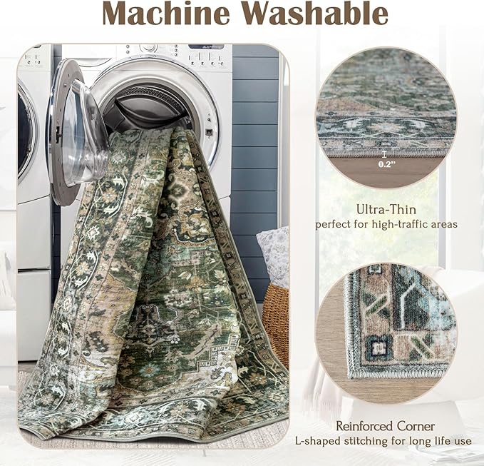 Washable Area Rug 8x10 - Large Moss Green Boho Rugs for Living Room Soft Vintage Bedroom Rug Ultra-Thin Oriental Farmhouse Distressed Carpet Non Slip Rug for Dining Room Guest Room Home Decor