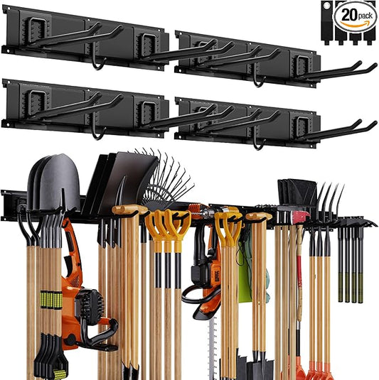 Garage Organizer - 64 Inch Wall Mount Tool Storage, 20PCs Heavy Duty Garden Tool Organizer with Adjustable Hooks, Max 900 lbs