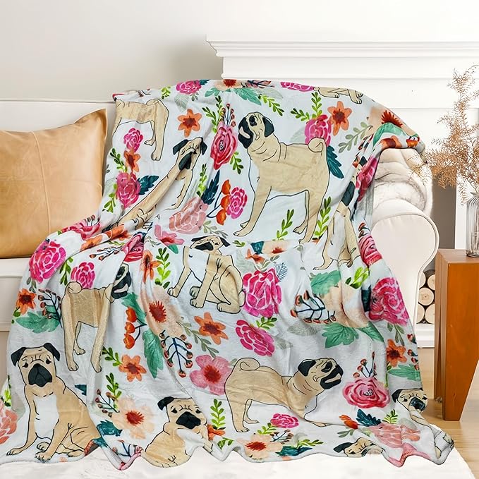 Cute Pug Blanket for Women Girls Kids Adults 40" x 50", Dog Flannel Throw for Sofa Couch Bed Living Room, Gifts for Animal Lovers