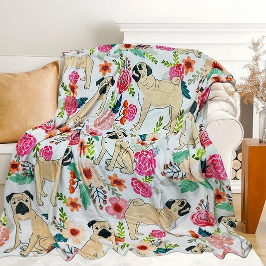 Cute Pug Blanket for Women Girls Kids Adults 40" x 50", Dog Flannel Throw for Sofa Couch Bed Living Room, Gifts for Animal Lovers